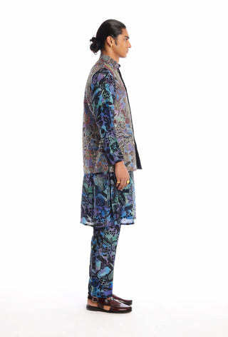 Aisha Rao Men-Kaleido Blue Kurta And Bundi Set-INDIASPOPUP.COM