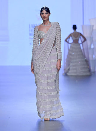 Vvani By Vani Vats-Ash Pink Chandelier Pearl Drop Sari And Blouse-INDIASPOPUP.COM