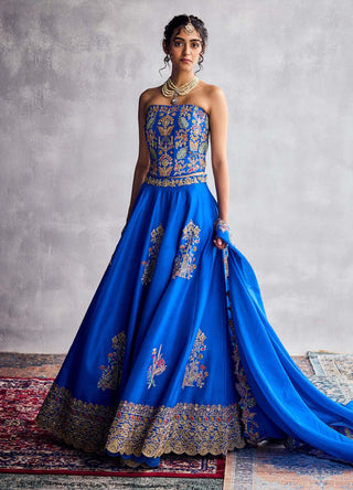 Cobalt Blue Floral Embroidered Lehenga Set by Aman Takyar available on Indiaspopup.com