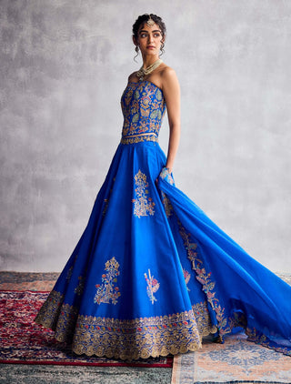 Cobalt Blue Floral Embroidered Lehenga Set by Aman Takyar available on Indiaspopup.com