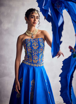 Cobalt Blue Floral Embroidered Lehenga Set by Aman Takyar available on Indiaspopup.com