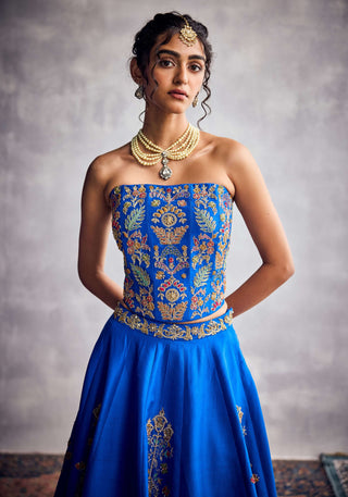 Cobalt Blue Floral Embroidered Lehenga Set by Aman Takyar available on Indiaspopup.com