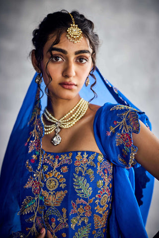 Cobalt Blue Floral Embroidered Lehenga Set by Aman Takyar available on Indiaspopup.com