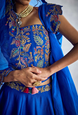 Cobalt Blue Floral Embroidered Lehenga Set by Aman Takyar available on Indiaspopup.com