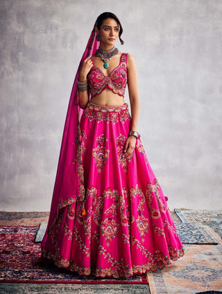 Fuschia Pink Floral Embroidery Lehenga Set by Aman Takyar available on Indiaspopup.com