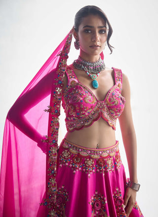 Fuschia Pink Floral Embroidery Lehenga Set by Aman Takyar available on Indiaspopup.com