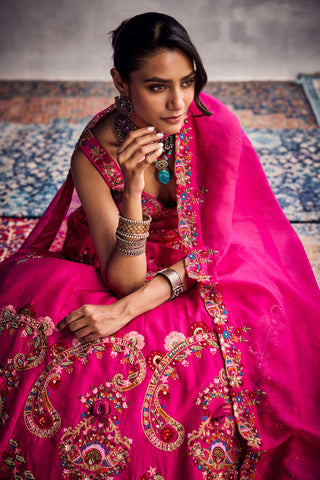 Fuschia Pink Floral Embroidery Lehenga Set by Aman Takyar available on Indiaspopup.com