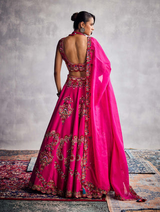 Fuschia Pink Floral Embroidery Lehenga Set by Aman Takyar available on Indiaspopup.com