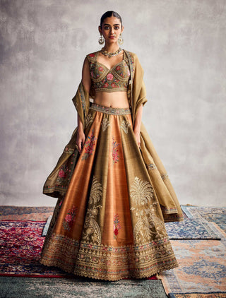 Earthy Green And Orange Floral Embroidered Lehenga Set by Aman Takyar available on Indiaspopup.com