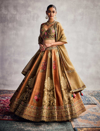 Earthy Green And Orange Floral Embroidered Lehenga Set by Aman Takyar available on Indiaspopup.com