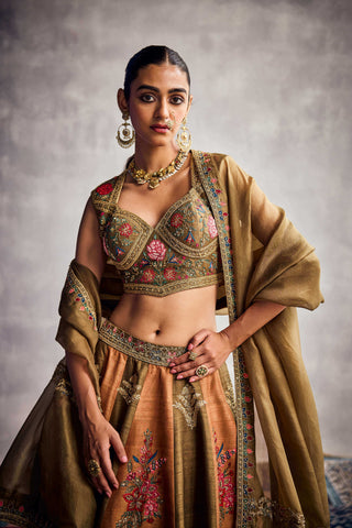 Earthy Green And Orange Floral Embroidered Lehenga Set by Aman Takyar available on Indiaspopup.com
