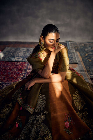Earthy Green And Orange Floral Embroidered Lehenga Set by Aman Takyar available on Indiaspopup.com