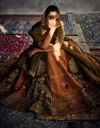 Earthy Green And Orange Floral Embroidered Lehenga Set by Aman Takyar available on Indiaspopup.com