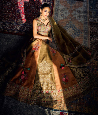 Earthy Green And Orange Floral Embroidered Lehenga Set by Aman Takyar available on Indiaspopup.com