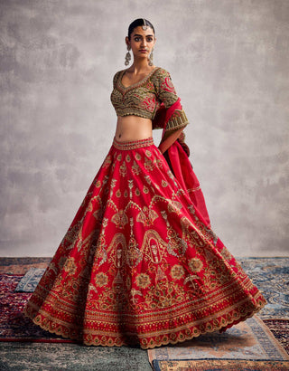 Pure Red Floral Embroidered Lehenga Set by Aman Takyar available on Indiaspopup.com
