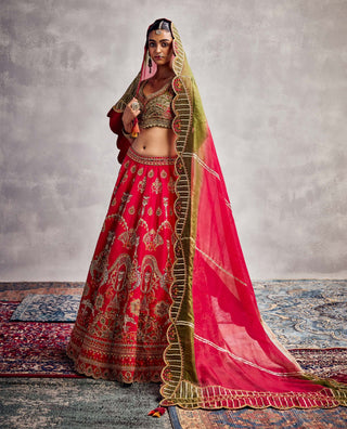 Pure Red Floral Embroidered Lehenga Set by Aman Takyar available on Indiaspopup.com