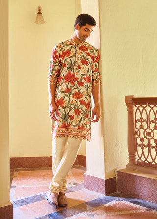 Akbari Cream Printed Kurta And Churidar by Ankit V Kapoor available on Indiaspopup.com