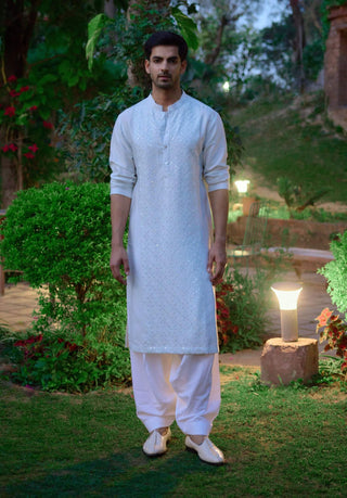 Lalitha Powder Blue Printed Kurta And Salwar by Ankit V Kapoor available on Indiaspopup.com