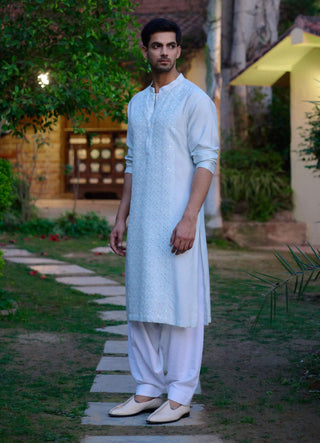 Lalitha Powder Blue Printed Kurta And Salwar by Ankit V Kapoor available on Indiaspopup.com
