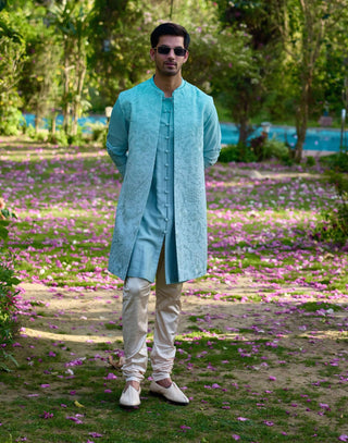 Akbari Powder Blue Bundi Set by Ankit V Kapoor available on Indiaspopup.com