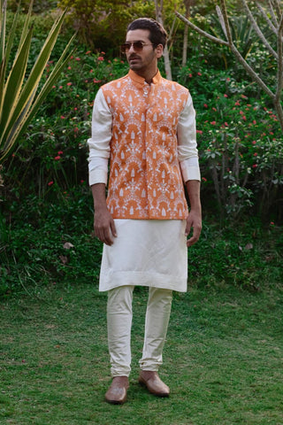Gohar Orange Bundi And Off-White Kurta Set by Ankit V Kapoor available on Indiaspopup.com