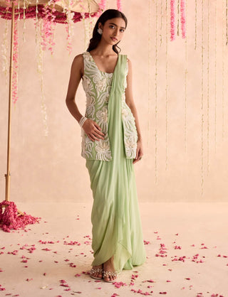 Mint green embellished peplum and pre-stitched dhoti style sari