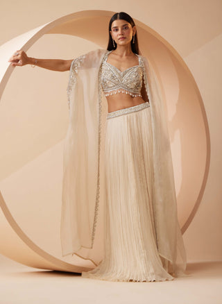 Roqa-Abida Off-White Lehenga And Cape Set-INDIASPOPUP.COM