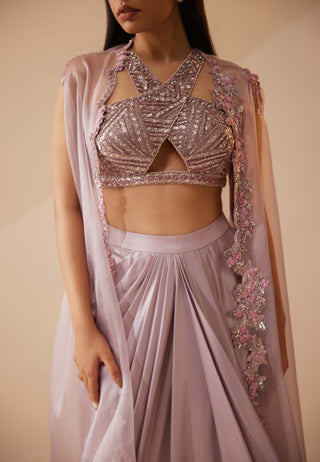 Roqa-Abigail Lilac Cape And Draped Skirt Set-INDIASPOPUP.COM