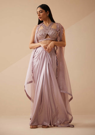 Roqa-Abigail Lilac Cape And Draped Skirt Set-INDIASPOPUP.COM