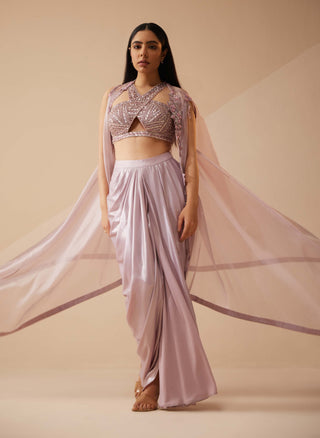 Roqa-Abigail Lilac Cape And Draped Skirt Set-INDIASPOPUP.COM