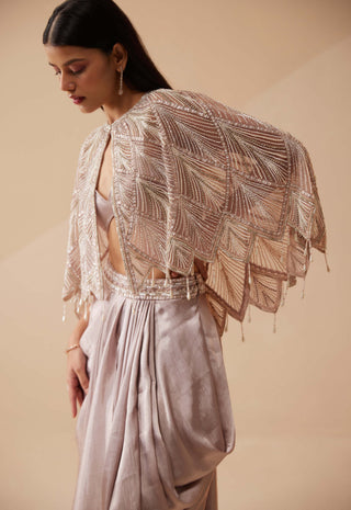 Roqa-Adina Lavender Dhoti And Cape Set-INDIASPOPUP.COM