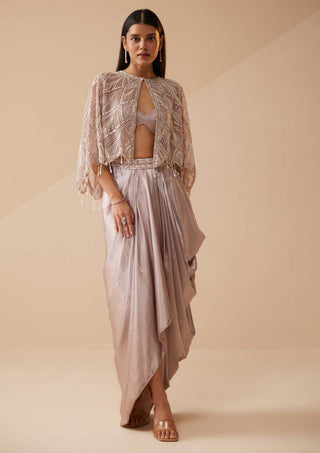 Roqa-Adina Lavender Dhoti And Cape Set-INDIASPOPUP.COM