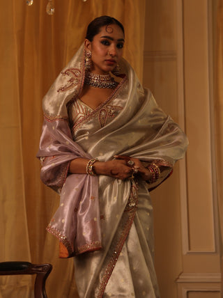 Ivory 6-yard pure zari tissue sari set