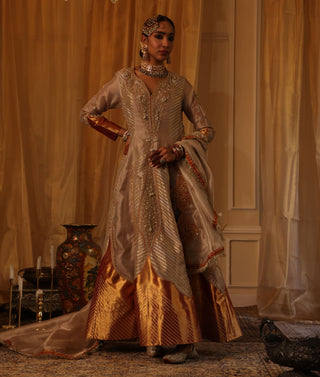 Rose gold pure zari tissue anarkali and dupatta