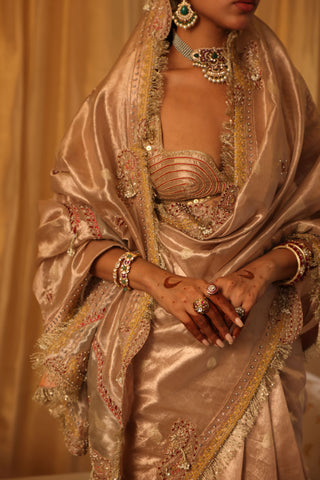 Rose gold 6-yard pure zari tissue sari set