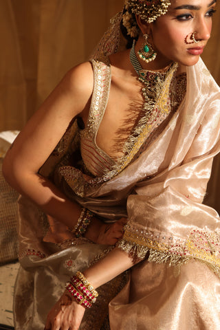 Rose gold 6-yard pure zari tissue sari set
