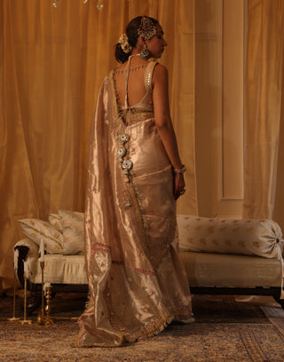 Rose gold 6-yard pure zari tissue sari set