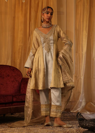 Gold and silver cotton tissue short kurta set