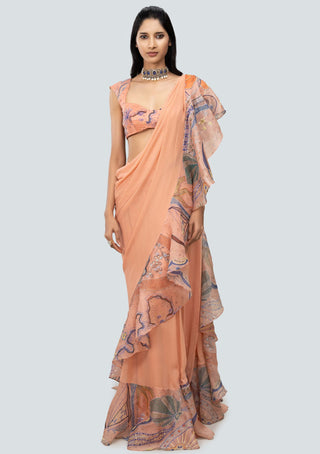 Aisha Rao-Ayana Peach Draped Ruffle Sari And Blouse-INDIASPOPUP.COM