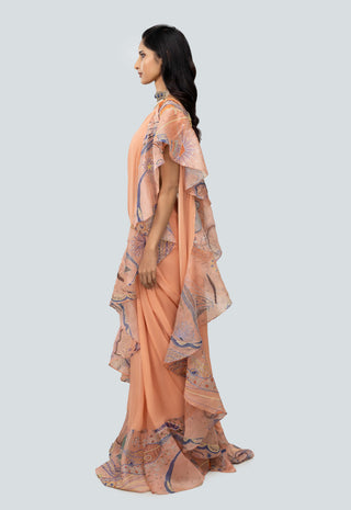 Aisha Rao-Ayana Peach Draped Ruffle Sari And Blouse-INDIASPOPUP.COM
