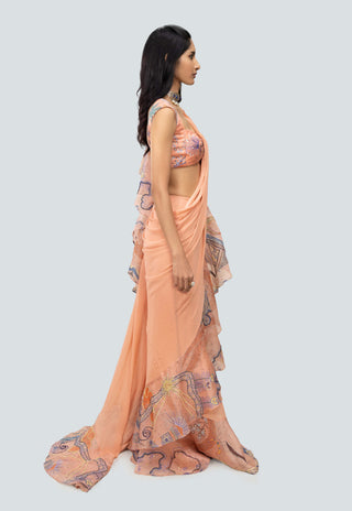 Aisha Rao-Ayana Peach Draped Ruffle Sari And Blouse-INDIASPOPUP.COM