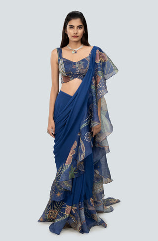 Aisha Rao-Nalina Blue Draped Ruffle Sari And Blouse-INDIASPOPUP.COM