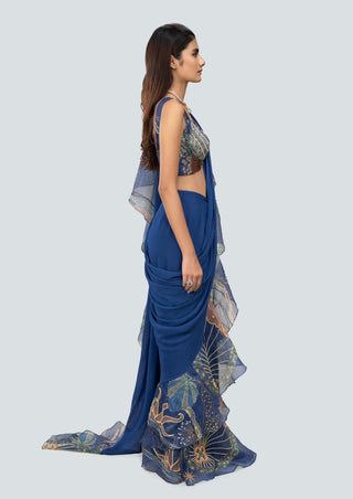 Aisha Rao-Nalina Blue Draped Ruffle Sari And Blouse-INDIASPOPUP.COM
