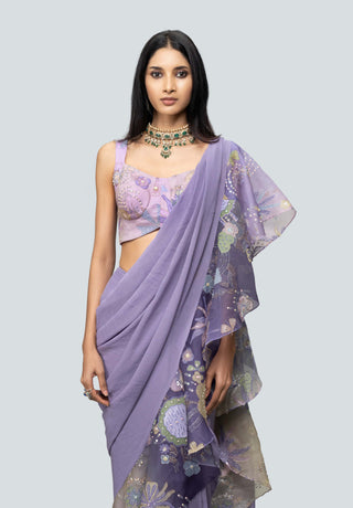 Aisha Rao-Tarika Amethyst Draped Ruffle Sari And Blouse-INDIASPOPUP.COM