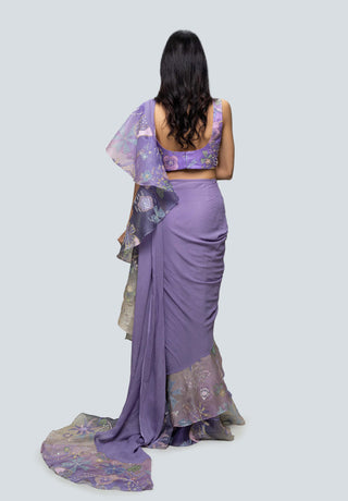 Aisha Rao-Tarika Amethyst Draped Ruffle Sari And Blouse-INDIASPOPUP.COM