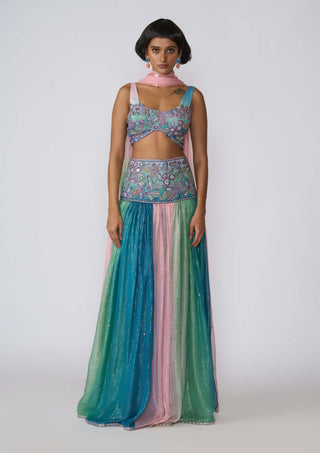 Etherea Aurora Gathered Lehenga Set by Aisha Rao, available on Indiaspopup.com