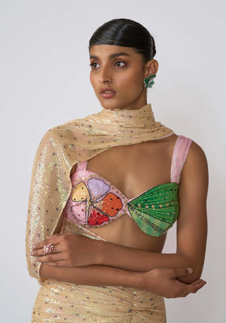 Solara Flax Yellow Draped Sari And Blouse by Aisha Rao, available on Indiaspopup.com