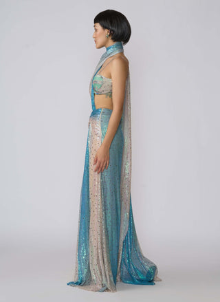 Astra Ivory Blue Draped Sari And Blouse by Aisha Rao, available on Indiaspopup.com