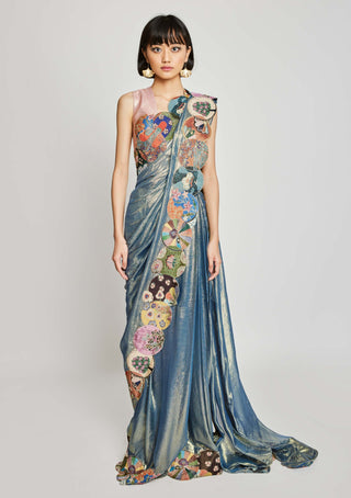 Aisha Rao-Bonet Blue Draped Sari And Blouse-INDIASPOPUP.COM