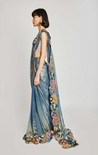 Aisha Rao-Bonet Blue Draped Sari And Blouse-INDIASPOPUP.COM